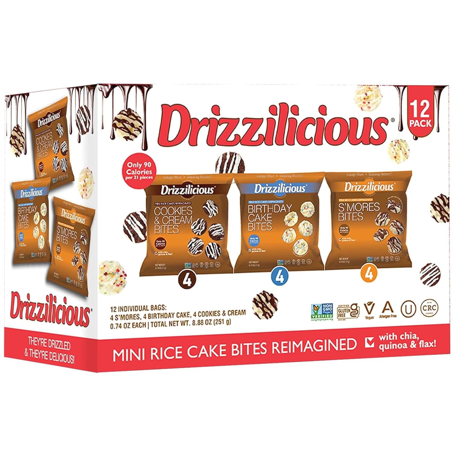drizzilicious mini rice cakes variety pack, gluten free, vegan, low calorie, perfect snack for adults and kids, 0.74 oz, 12 pack
