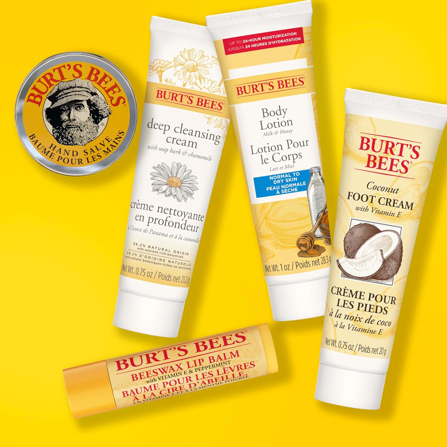 Burt's Bees essentials set with deep cleansing cream, hand salve, body lotion, foot cream, and lip balm - travel size