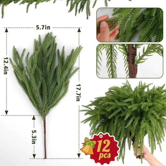 12 Pcs Artificial Norfolk Pine Branches, Norfolk Pine Artificial Pine Stems DIY Crafts Faux Christmas Greenary Norfolk Pine Branches for Xmas Wreath Garland Home Decor (12)