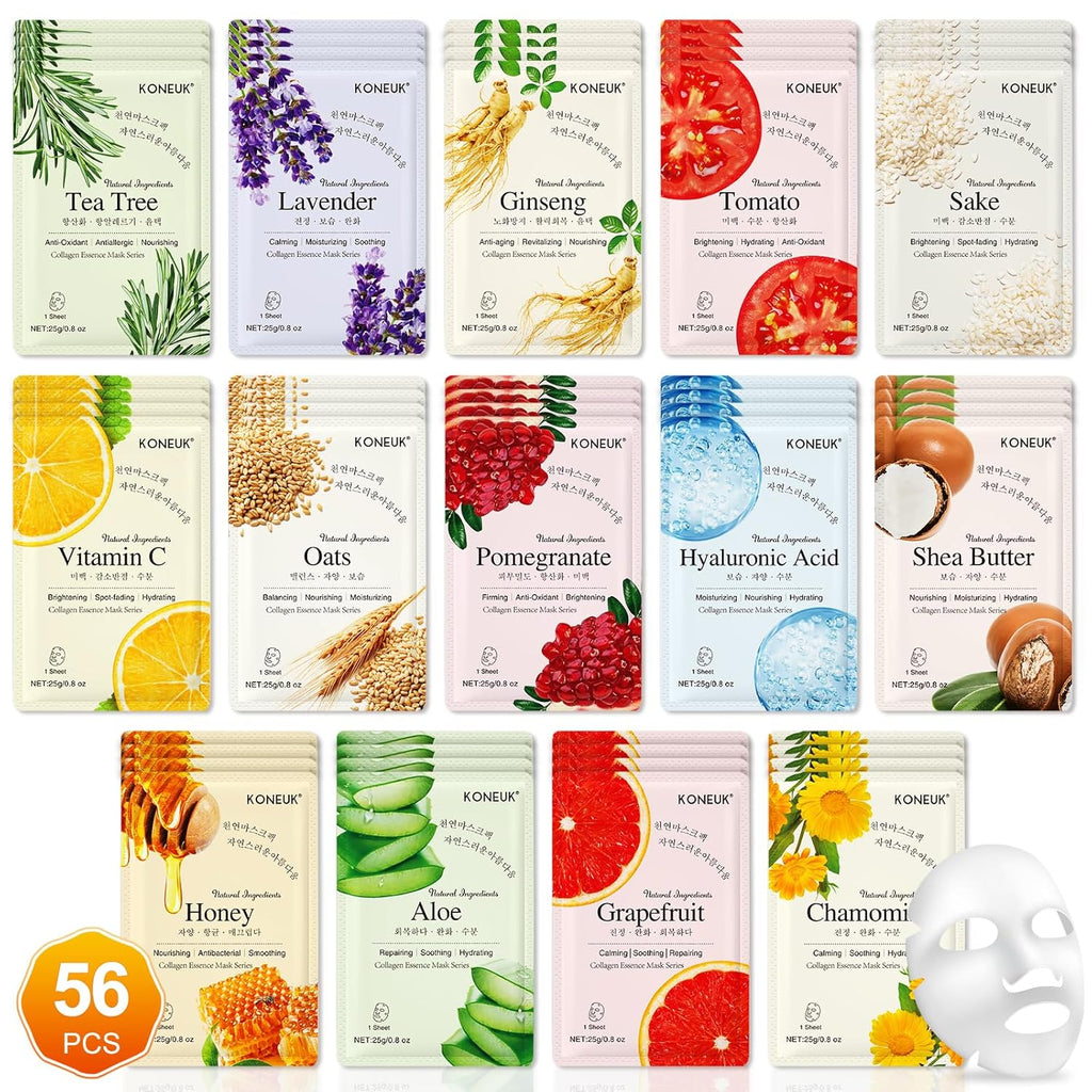 14 pack sheet face masks for dry skin, hydrating bulk facial mask set for women's skincare, gift face spa