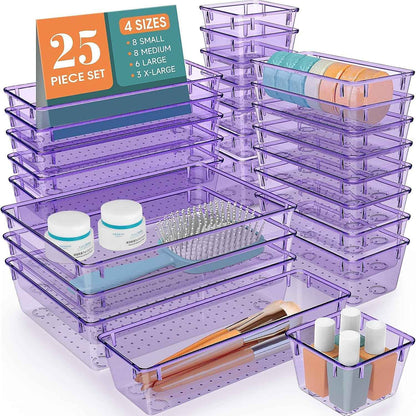 16 PCS Drawer Organizer Set, 5 Varied Size Bathroom and kitchen Drawer cabinet organizer Trays, Clear Storage Bins for Makeup, Jewelry, Utensils and Gadgets