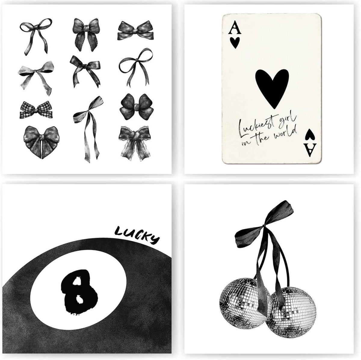 okaxscm Sage Green Coquette Trendy Preppy Wall Art Prints Set of 4, Coquette Preppy Room Decor Aesthetic, Green Bow Disco 8 Ball Cherry Wall Decor Posters for Girls Bedroom Dorm, 8x10 Unframed