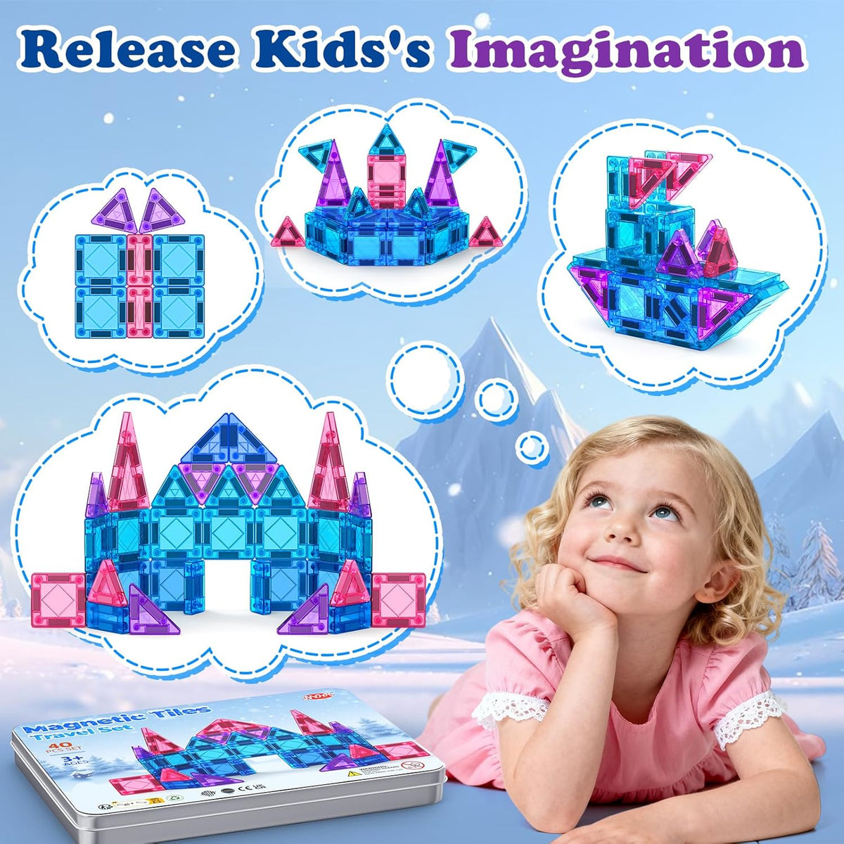 Mini Magnetic Tiles Travel Set 40PCS with Iron Box Princess Castle Pretend Girl Play Toys Age 3 4-5 6-8, Educational Portable Magnet Building Tiles Christmas Birthday Gifts for Toddlers Boys & Girls