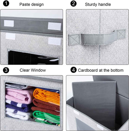 Univivi Fabric Foldable Storage Boxes [4-Pack] Large Collapsible Stackable Storage Bins with Lids, Closet Organizers and Storage Cube Basket for Home, Office, Bedroom (Gray, 17“ x 12” x 12")