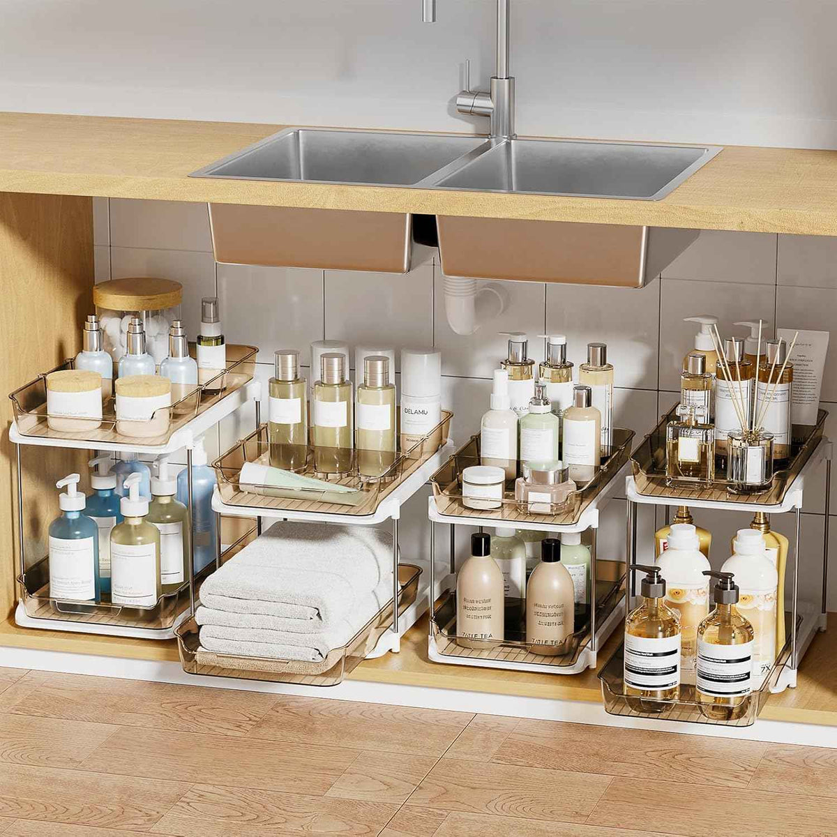 Delamu 2-Tier Multi-Purpose Bathroom Under Sink Organizers and Storage, Stackable Kitchen Pantry Organization, Pull Out Medicine Cabinet Organizer with Movable Dividers, White, 2 Pack