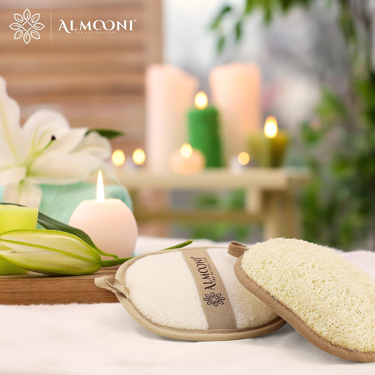 almooni natural loofah exfoliating body scrubber, 2-count pack, for women and men with natural egyptian loofah sponge