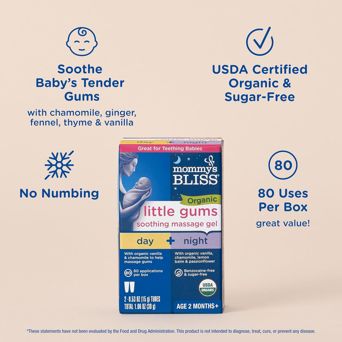 Mommy's Bliss Organic Little Gums Soothing Massage Gel Day and Night Combo, Great for Teething Babies, Age 2 Months+, Sugar Free, Mild & Sweet Flavor, 2 - 0.53 Oz Tubes (Pack of 1)