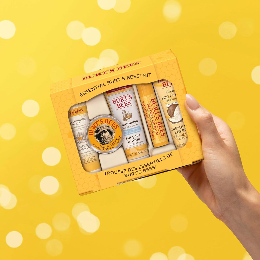 Burt's Bees essentials set with deep cleansing cream, hand salve, body lotion, foot cream, and lip balm - travel size