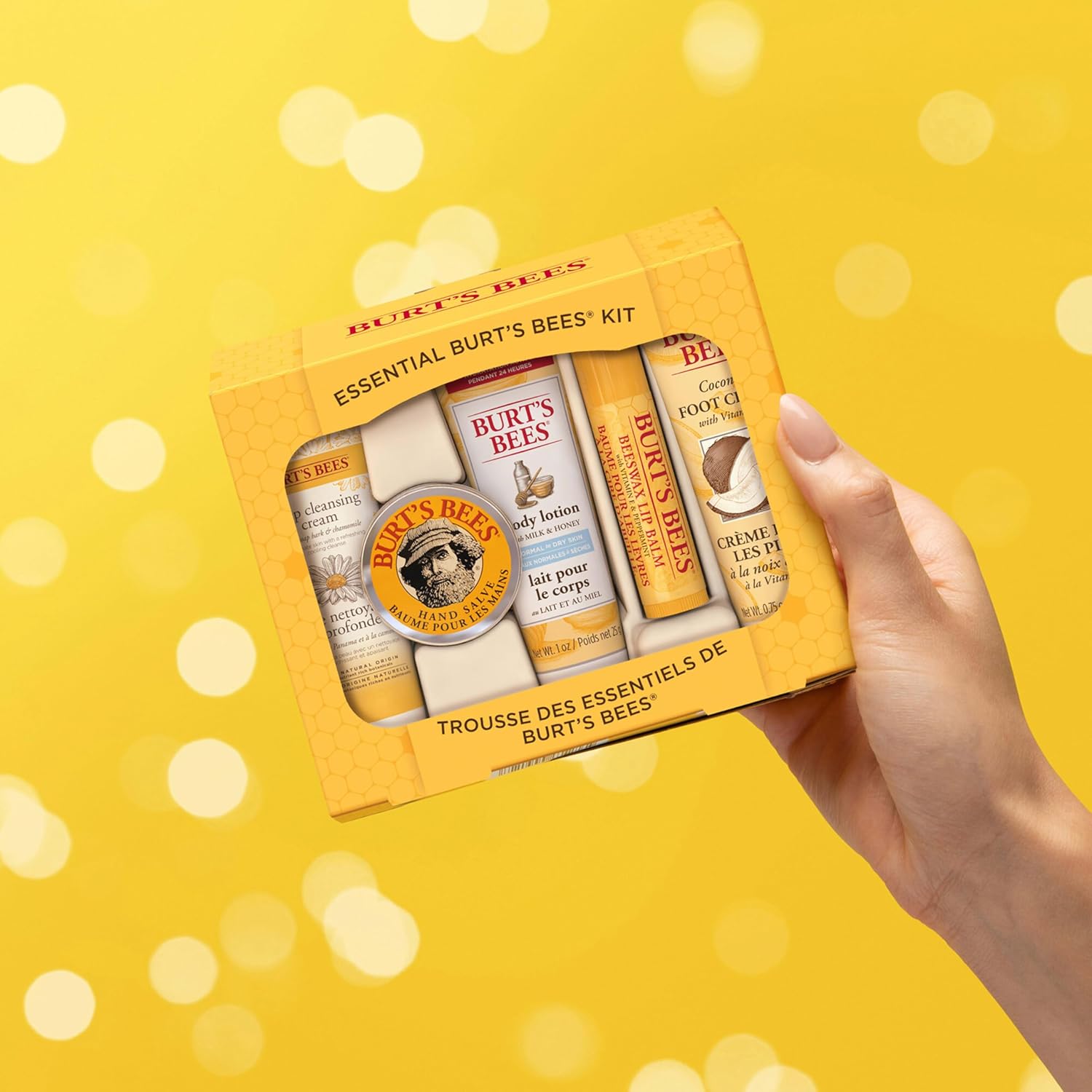 Burt's Bees essentials set with deep cleansing cream, hand salve, body lotion, foot cream, and lip balm - travel size