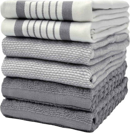 Premium Kitchen Towels (20”x 28”, 6 Pack) | Large Cotton Kitchen Hand Towel | Flat & Terry Dish Cloths | Highly Absorbent Tea Towels Set with Hanging Loop | Gray