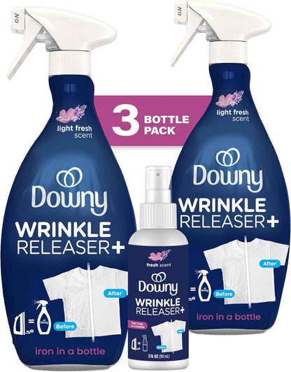Downy Wrinkle Releaser Spray, Travel Size + 16.9 Oz Pack of 2, All-In-One Formula Removes Wrinkles, Static and Odors, Light Fresh Scent