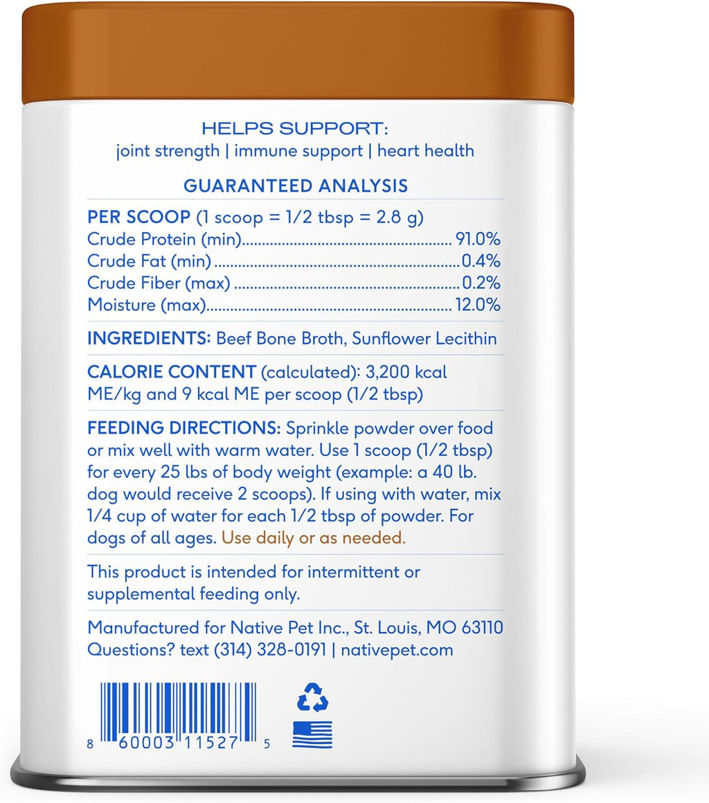 Native Pet Bone Broth for Dogs - Made with Real Grass-Fed Beef, Dog Food Toppers for Picky Eaters - Hydration & Nutrition for Joint Health, 48 Scoops