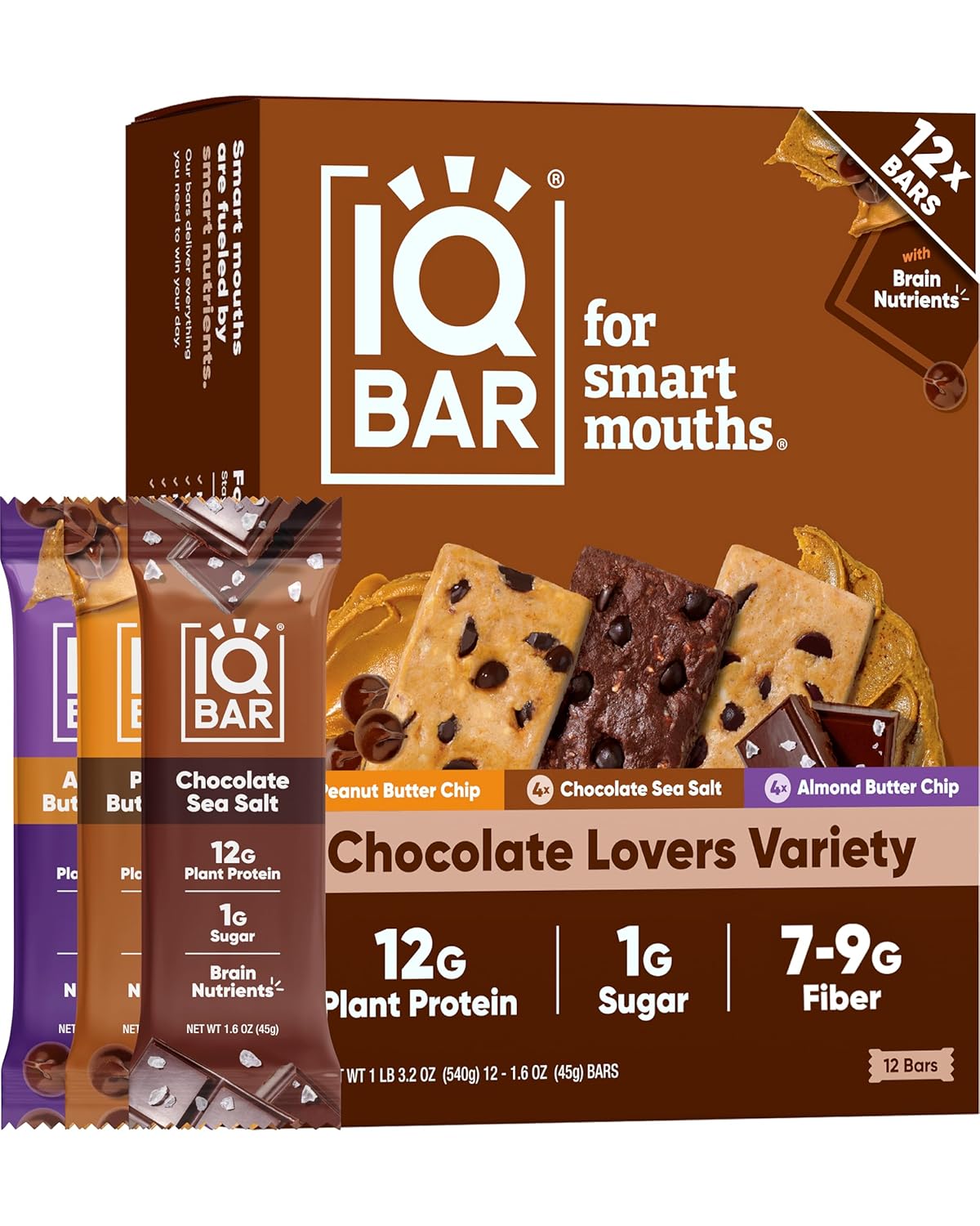 iqbar chocolate lovers variety 12-count keto vegan high fiber gluten free dairy free snack bars with nutrients for focus energy