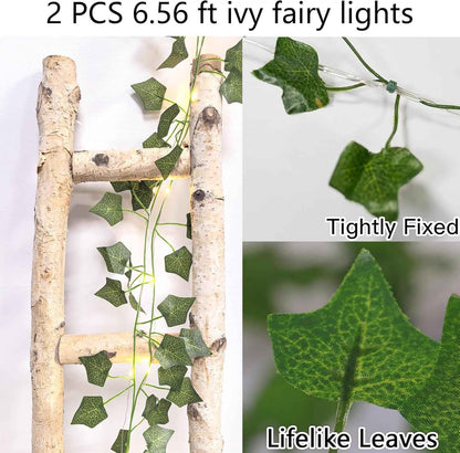 2 Pack Vine with Lights 6.6ft 20 LED Fake Ivy Garland String Fairy Light Hanging Plants Artifical Vines Leaf Lights for Bedroom Aesthetic, Room, Wall, Garden, Indoor, Party, Wedding Decor