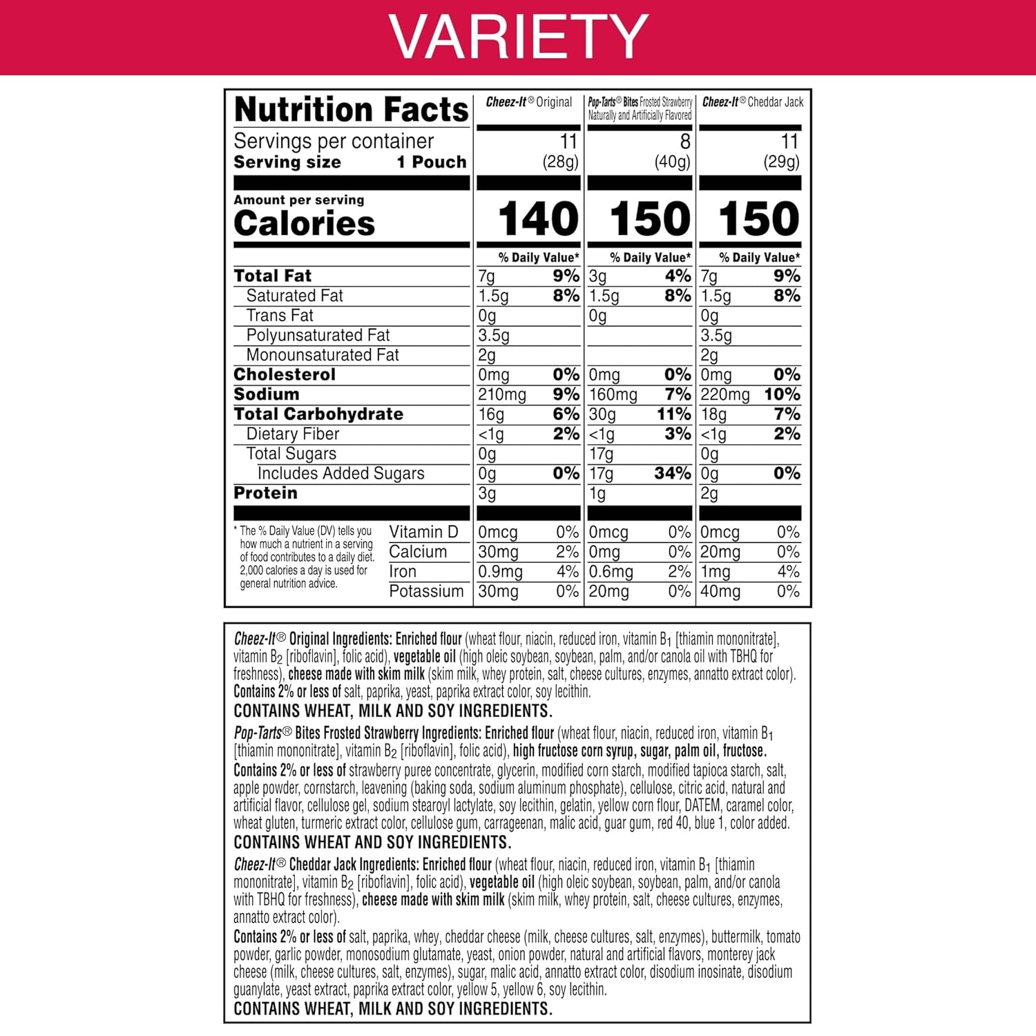 Cheez-It and Pop-Tarts snacks variety pack, 30 count, 33.42oz box, wheat, milk, and soy ingredients