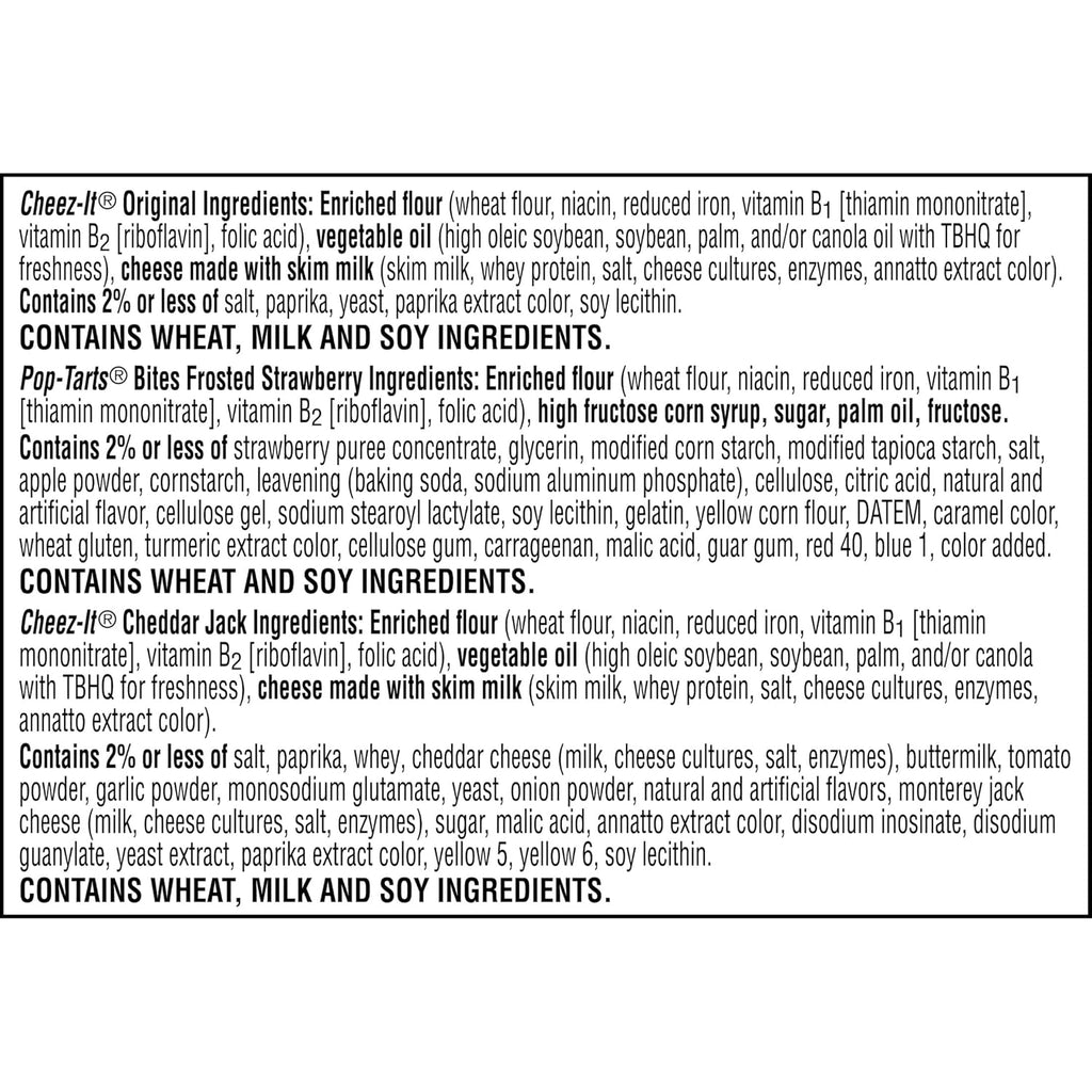 Cheez-It and Pop-Tarts snacks variety pack, 30 count, 33.42oz box, wheat, milk, and soy ingredients