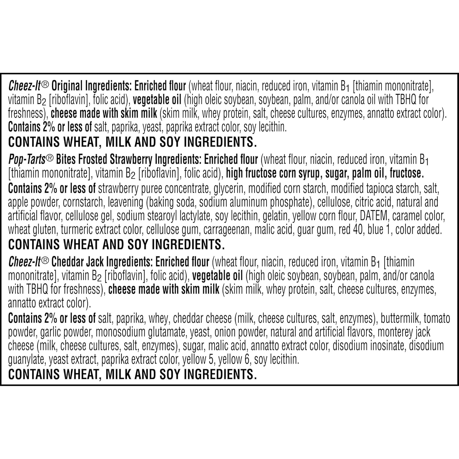 Cheez-It and Pop-Tarts snacks variety pack, 30 count, 33.42oz box, wheat, milk, and soy ingredients
