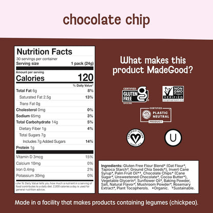MadeGood Soft Baked Gluten-Free Chocolate Chip Mini Cookies, 30 Count, Perfect for School, Camping, or Movie Snacks