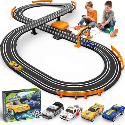 slot car race track set, 2 high-speed cars, battery or electric, dual racing game, lap counter, toys for kids