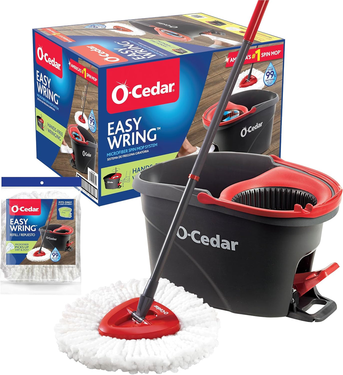 O-Cedar EasyWring Microfiber Spin Mop, Bucket Floor Cleaning System, Red, Gray, Standard - Rayz Mart