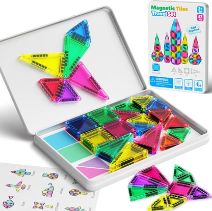 42PCS Mini Magnetic Tiles Travel Set with Iron Storage Box - Portable STEM Building Blocks for Kids 3-8, Montessori Educational Magnet Toys for Airplane, Car Rides & On-The-Go Play