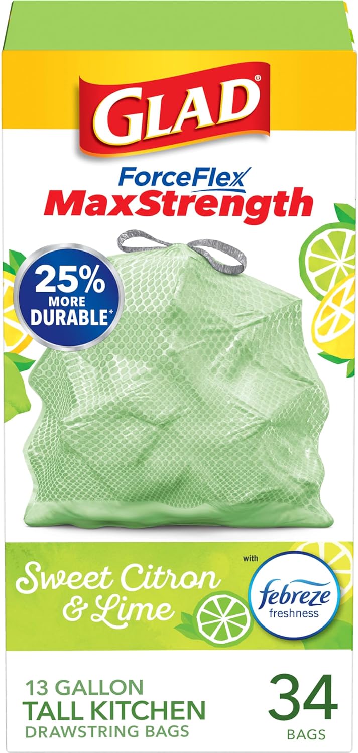 Glad Tall Kitchen Trash Bags 13 Gallon, MaxStrength Cherry Blossom Garbage Bags, Drawstring, 90 Count - Rayz Mart