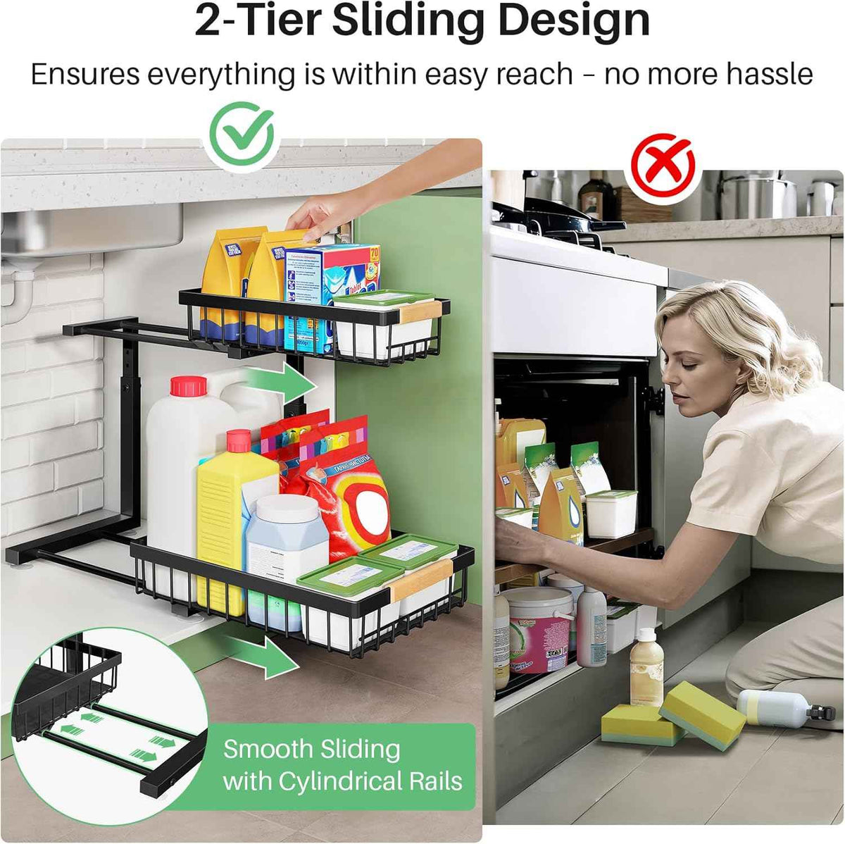 Under Sink Organizer, 2 Packs 2 Tier Under Sink Organizers and Storage, Slide out Pull out Cabinet Organizer Shelf, Metal Sliding Drawer for Kitchen Bathroom Pantry Cabinet Closet Organization Rack