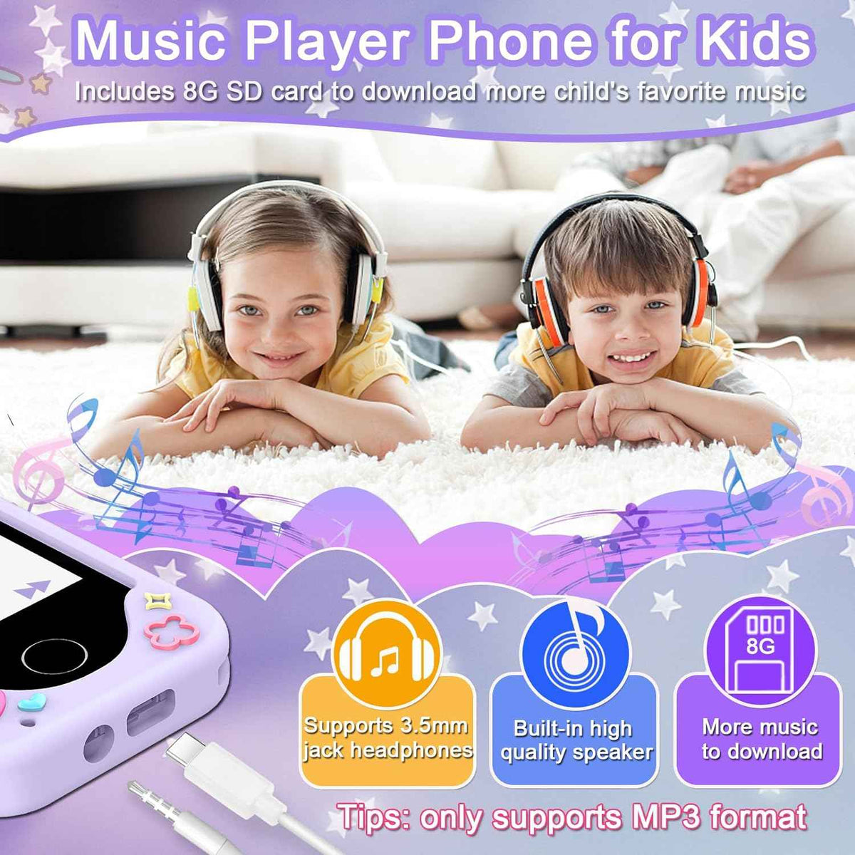 Kids Smart Phone for Girls, Christmas Birthday Gifts for Girls Age 3-10 Kids Toys Cell Phone, 2.8" Touchscreen Toddler Learning Play Toy Phone with Dual Camera, Game, Music Player, 8GB Card Purple
