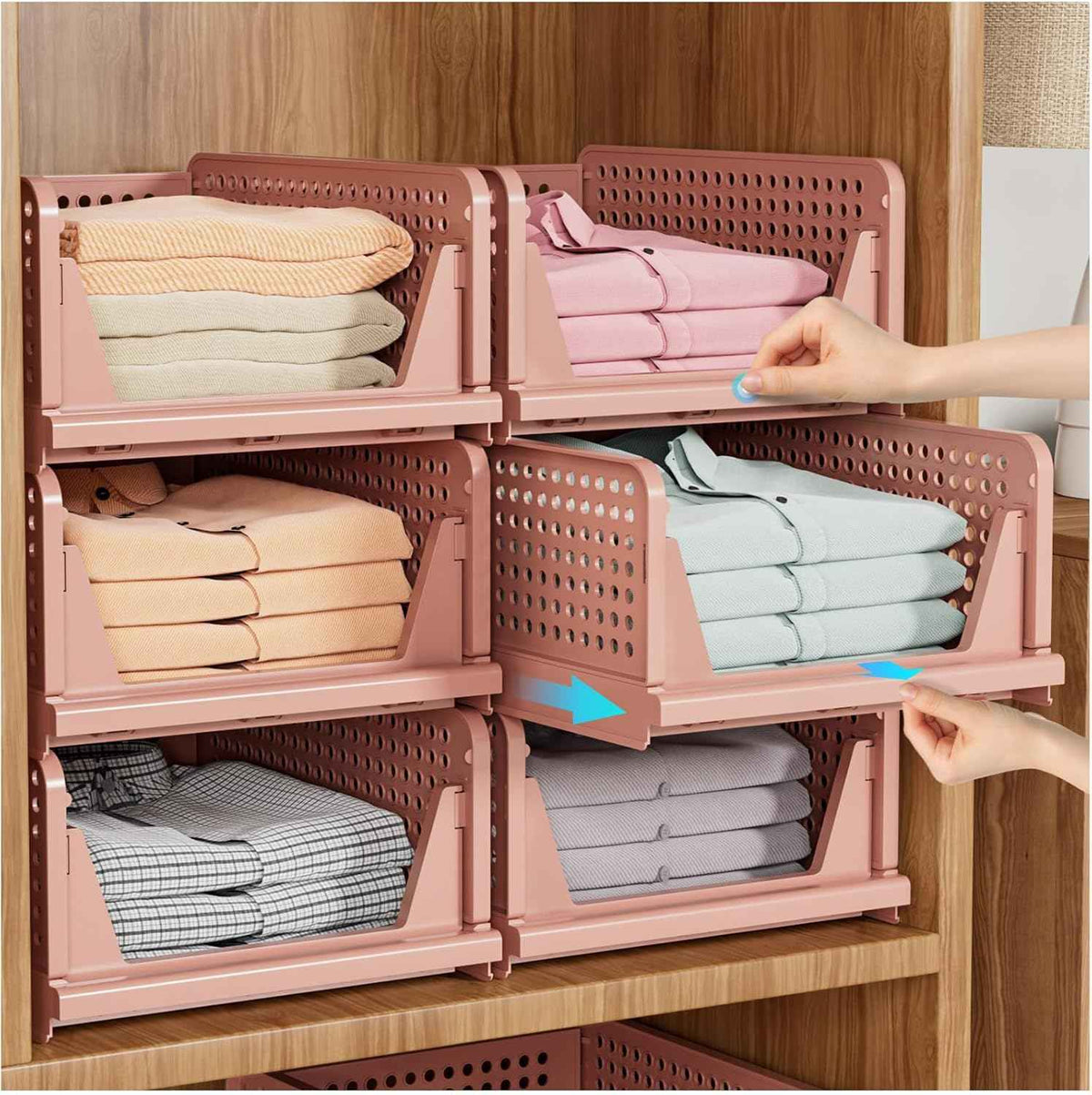 SNSLXH 5 Pack Stackable Closet Storage Basket, Multifunctional & Foldable Closet Organizer for Bathroom Kitchen Laundry Room Wardrobe Storage, Space-Saving Clothes Storage Drawer Organizer, White