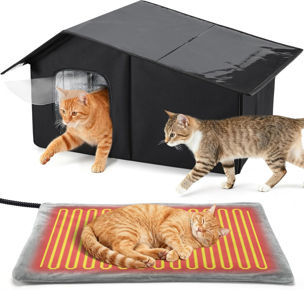 Black weatherproof heated cat house for 2-3 feral cats with thermostatic heating pad and escape door