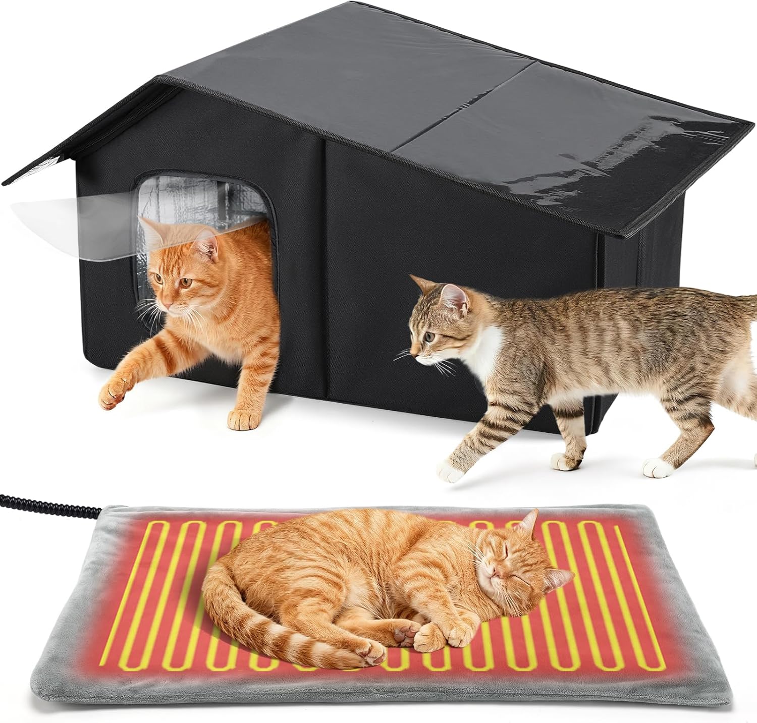Black weatherproof heated cat house for 2-3 feral cats with thermostatic heating pad and escape door
