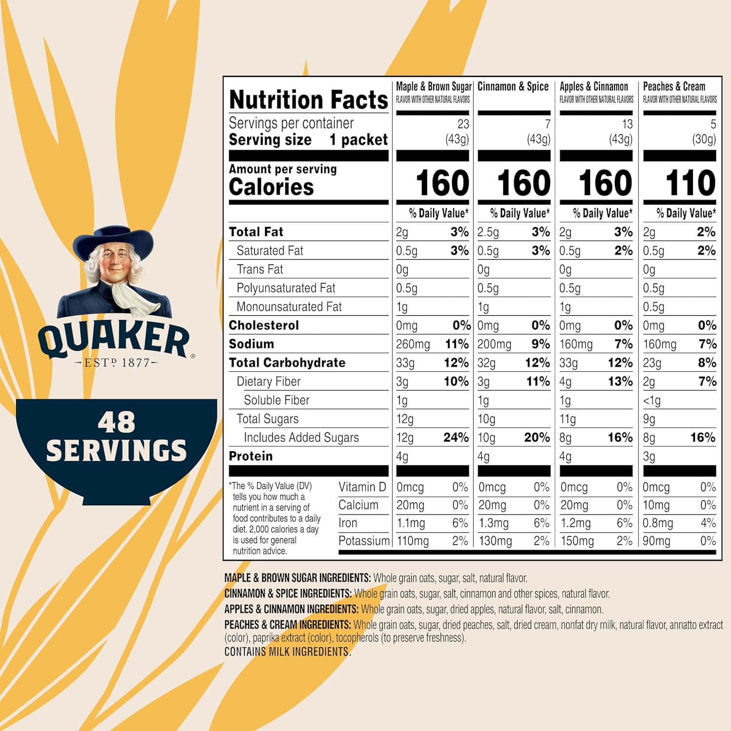 quaker instant oatmeal 4 flavor variety pack 48 count individual packets