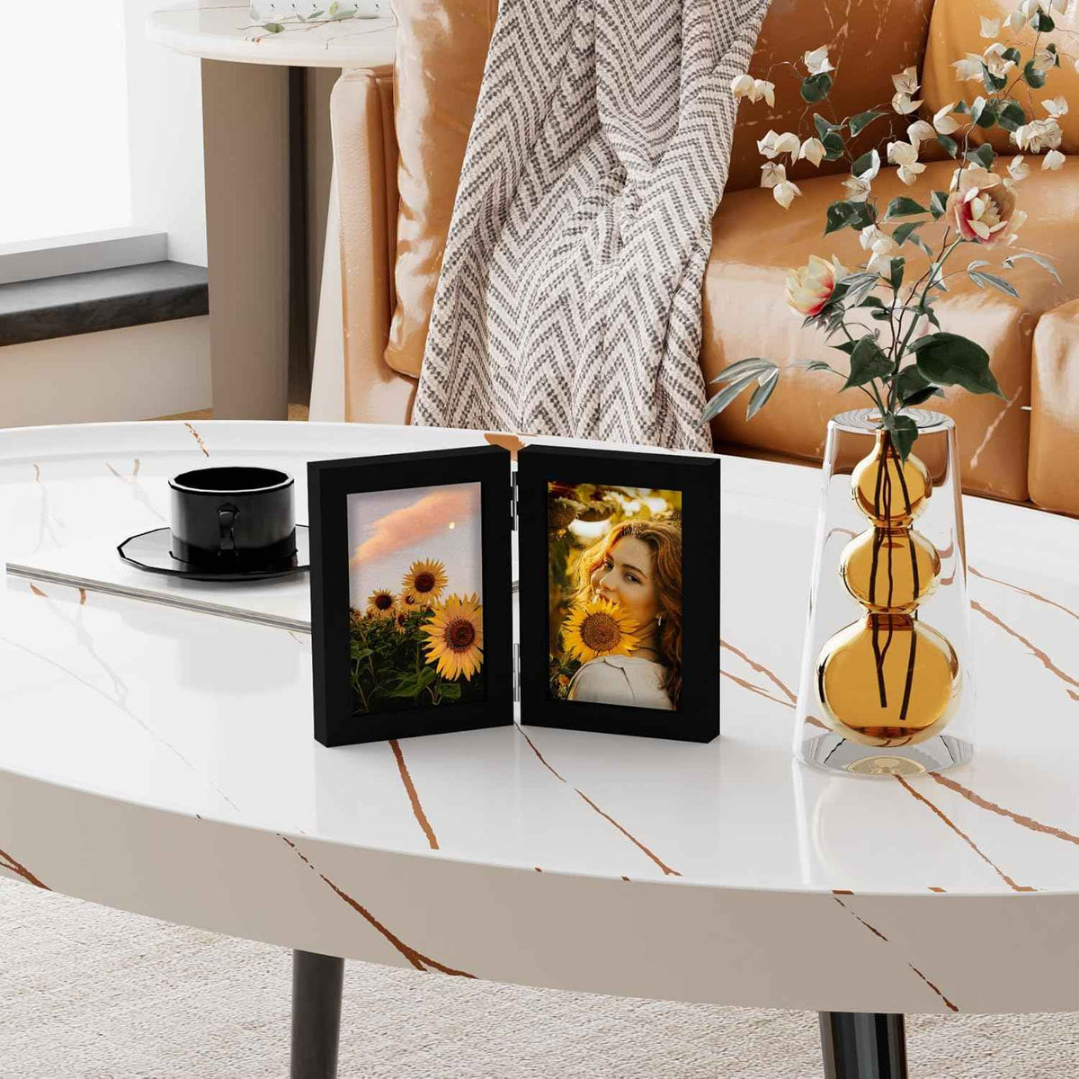 decorUhome Double 4x6 Picture Frame Vertical, Engineered Wood Bifold Photo Frame with Plexiglass for Tabletop Display, 4x6, Black