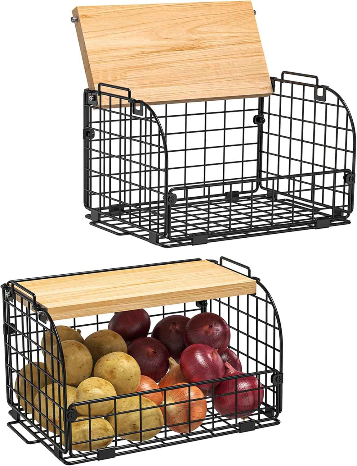 2 Set Stackable Wire Basket with Openable Top, Kitchen Counter, Pantry Organizer and Storage Produce Onion Potato Fruits Vegs Bread Food Snack Spice Organizing Bin for Cabinet Shelf Countertop Floor