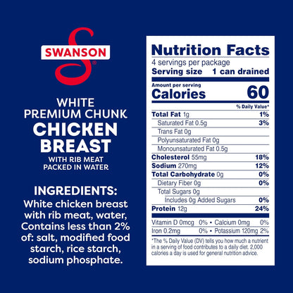 swanson white premium chunk chicken breast in water, 4.5 oz, pack of 4, no antibiotics, gluten-free