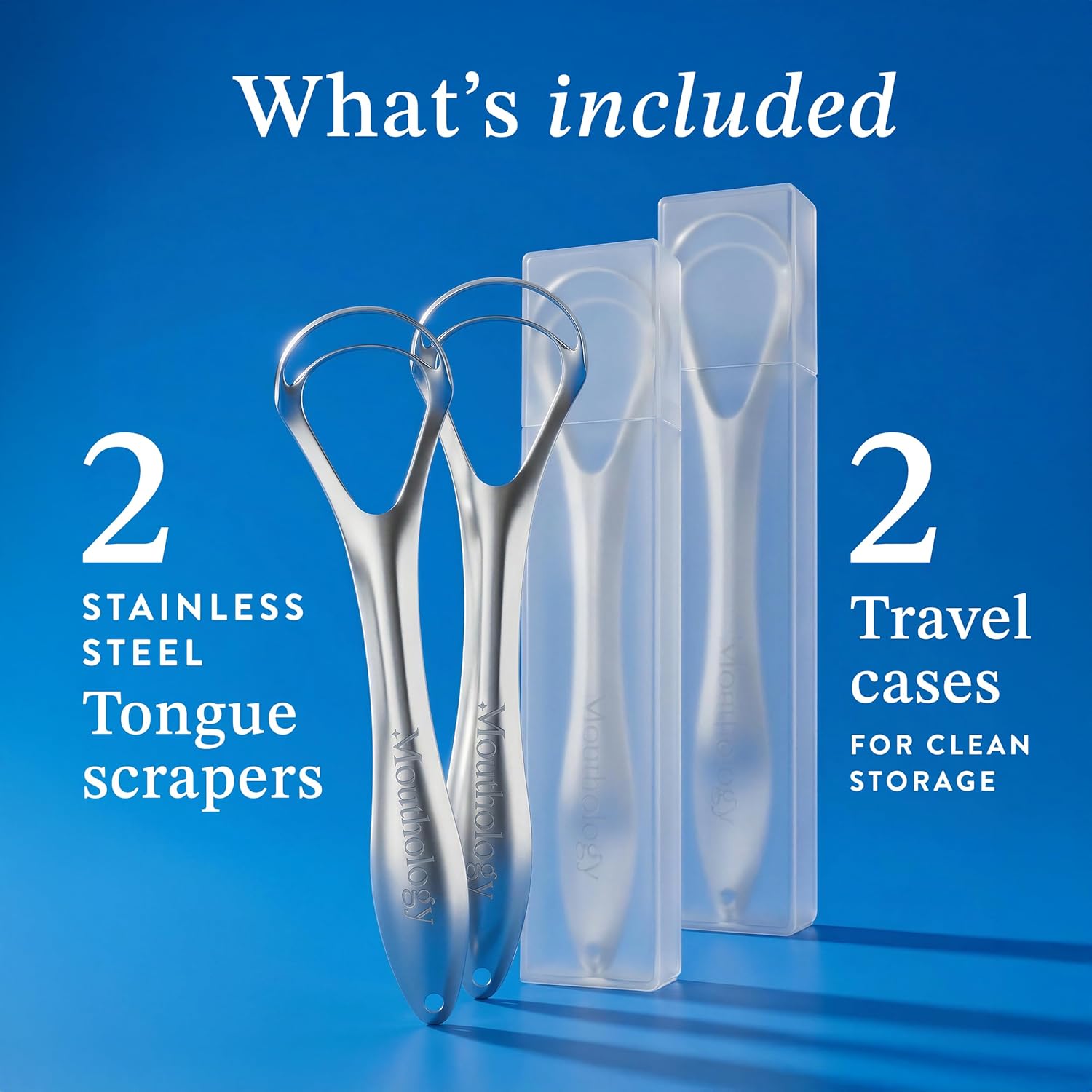 Mouthology 2-pack tongue scraper for adults, metal, stainless steel, tongue cleaner for hygiene