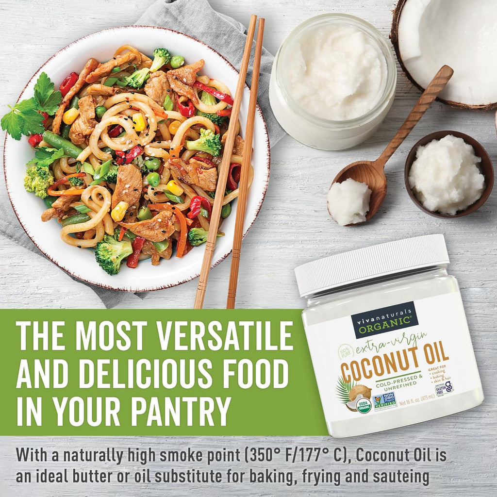 Viva Naturals Organic Coconut Oil, 16 fl oz, Unrefined, Cold-Pressed Extra Virgin, USDA Organic & Non-GMO