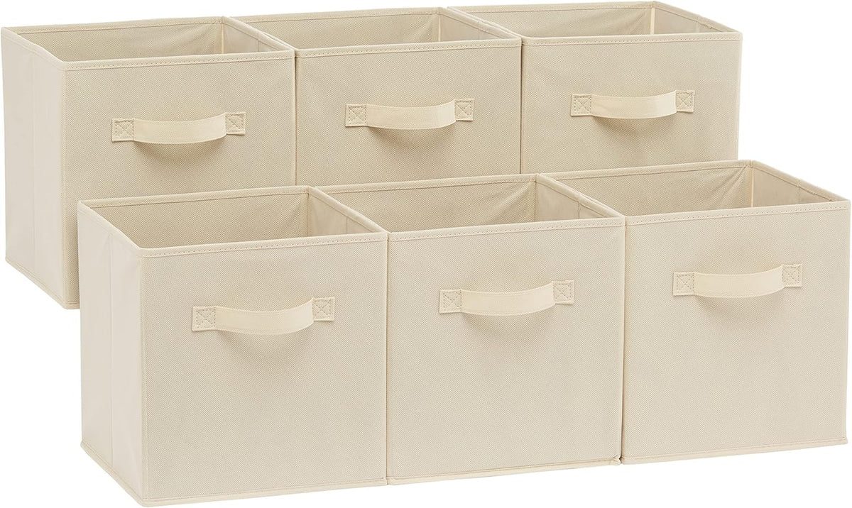 Collapsible Fabric Storage Cubes with Handles, Beige, 10.5 x 10.5 x 11-inch, Pack of 6 for Easy Organization