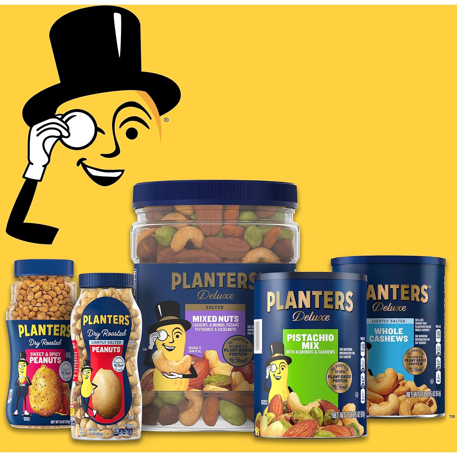 planters deluxe mixed nuts with sea salt, 27 oz resealable container, variety mixed nuts snacks