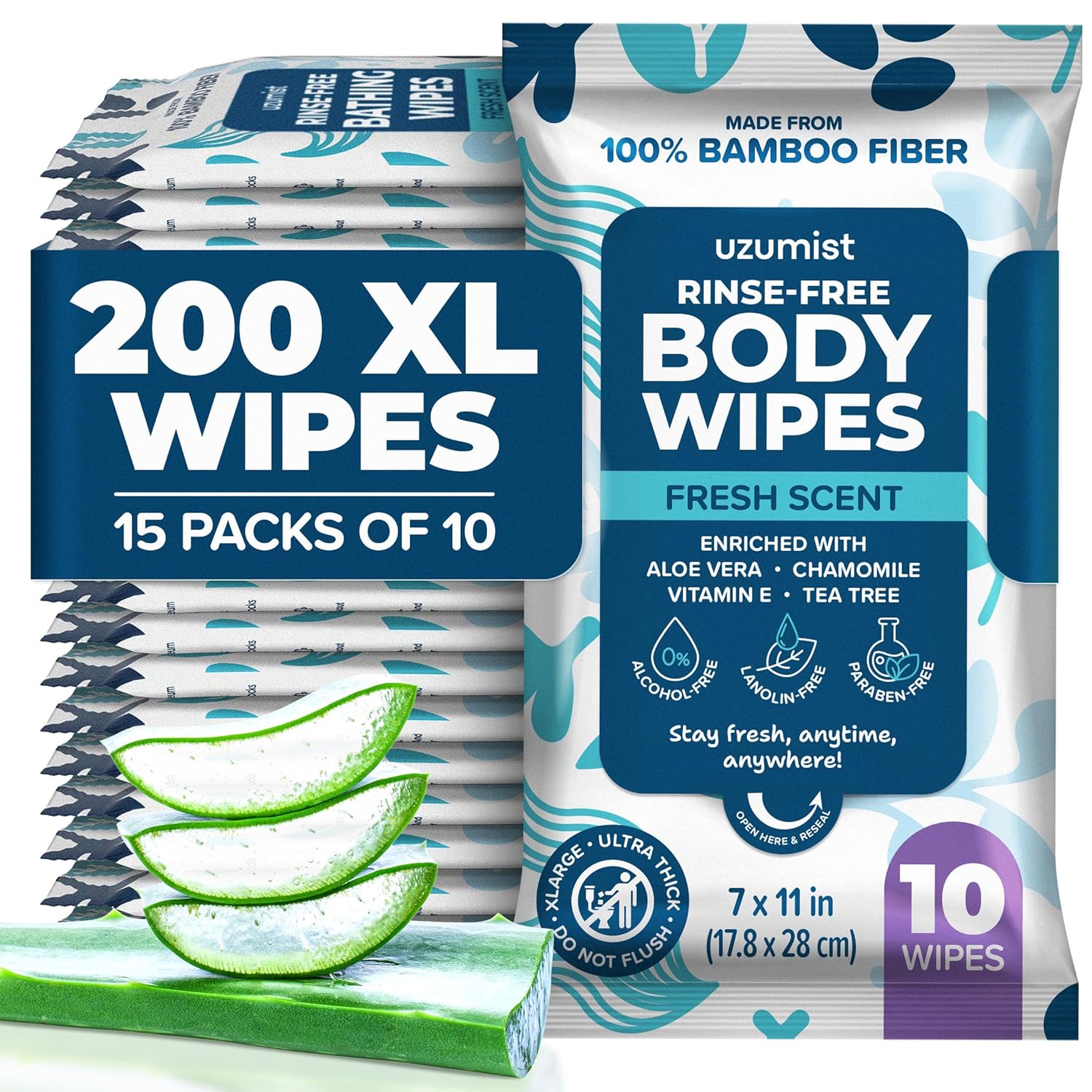 Body Wipes for Adults, No Rinse, 50pc XL, Ultra Thick Shower Travel Wipes for Personal Cleansing & Hygiene Essentials