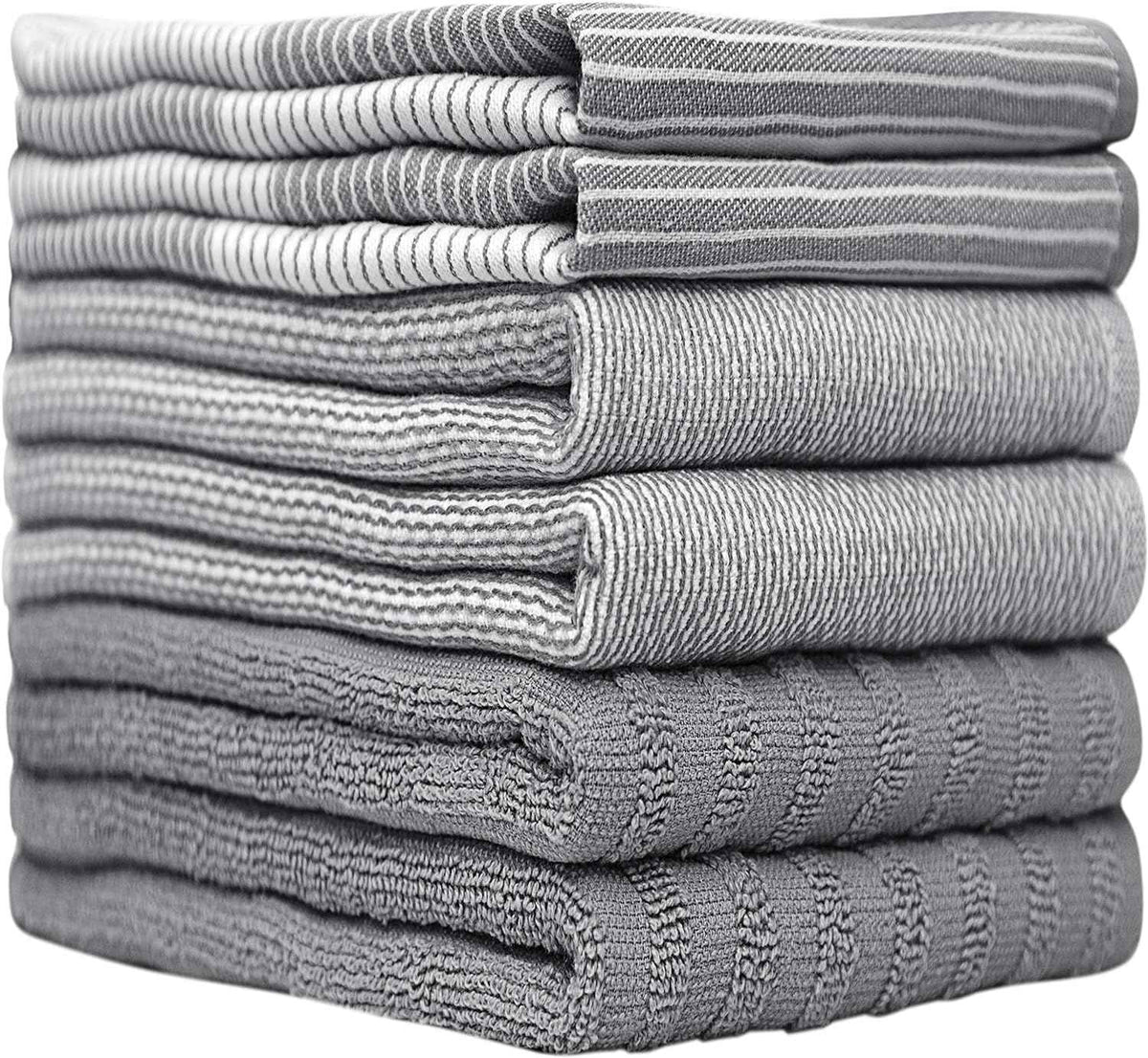 Premium Kitchen Towels (20”x 28”, 6 Pack) | Large Cotton Kitchen Hand Towel | Flat & Terry Dish Cloths | Highly Absorbent Tea Towels Set with Hanging Loop | Gray