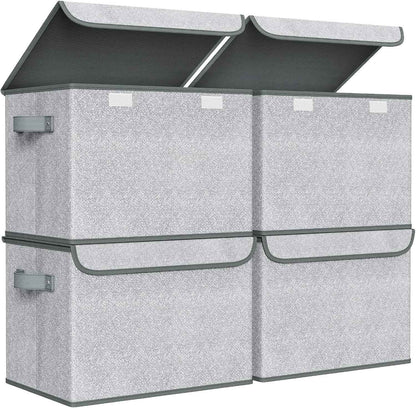Univivi Fabric Foldable Storage Boxes [4-Pack] Large Collapsible Stackable Storage Bins with Lids, Closet Organizers and Storage Cube Basket for Home, Office, Bedroom (Gray, 17“ x 12” x 12")