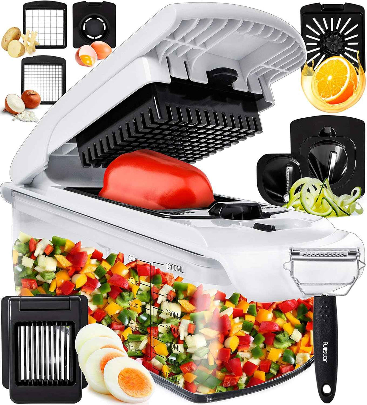Fullstar The Original Pro Chopper - Vegetable Chopper and Spiralizer, Food Chopper with Container, Fruit Slicer, Kitchen Gadgets & Accessories, Home Essentials (4 in 1, White)