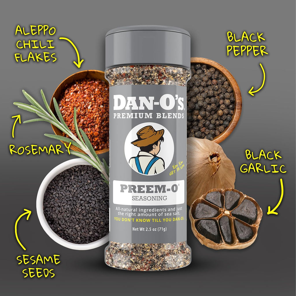 Dan-O's Preem-O Seasoning 2.5 oz, Meat Seasoning for Steak, Ribs, Chicken, Brisket, Sugar Free, Zero Calorie