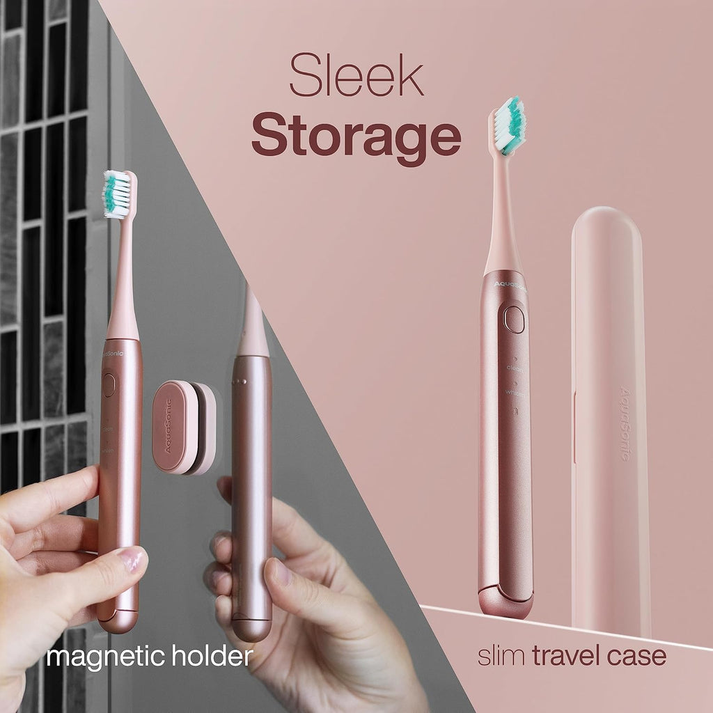 Aquasonic Icon ADA-Accepted Rechargeable Toothbrush with Magnetic Holder & Slim Travel Case | 2 Modes & Smart Timers | Gentle Micro-Vibrations