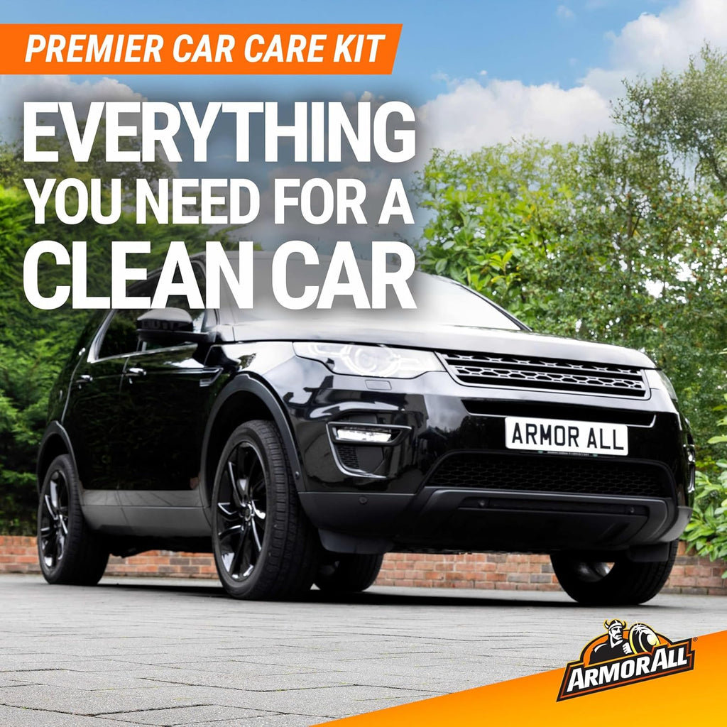 armor all premier car care kit, 8-piece kit, includes car wax, wash kit, glass cleaner, and tire cleaner