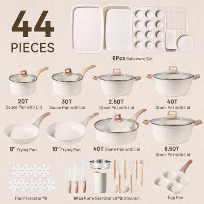 CAROTE 44pcs Pots and Pan Set Nonstick, Cookware Sets, Cooking Set Non Stick, Induction Cook Ware with Bakeware Set, Kitchen Knife Set