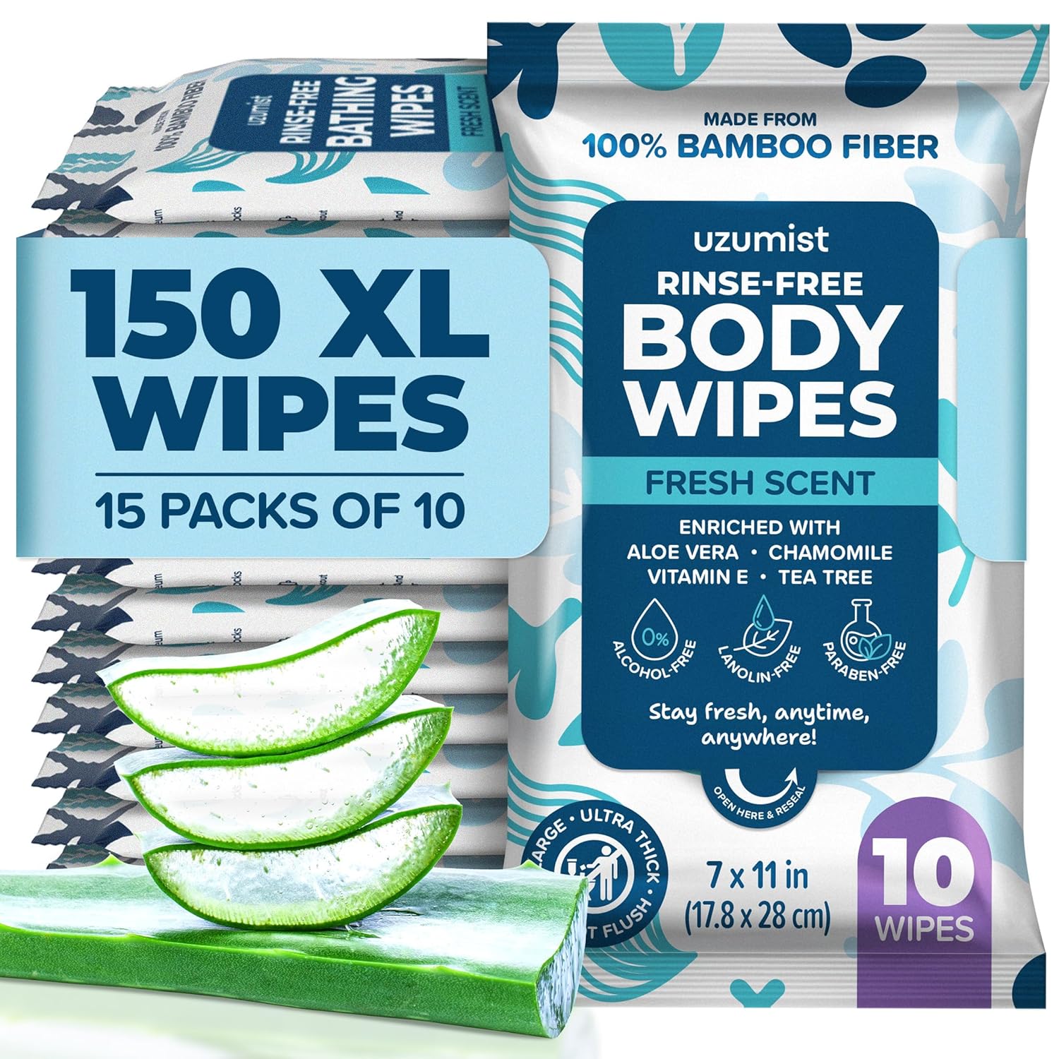 Body Wipes for Adults, No Rinse, 50pc XL, Ultra Thick Shower Travel Wipes for Personal Cleansing & Hygiene Essentials