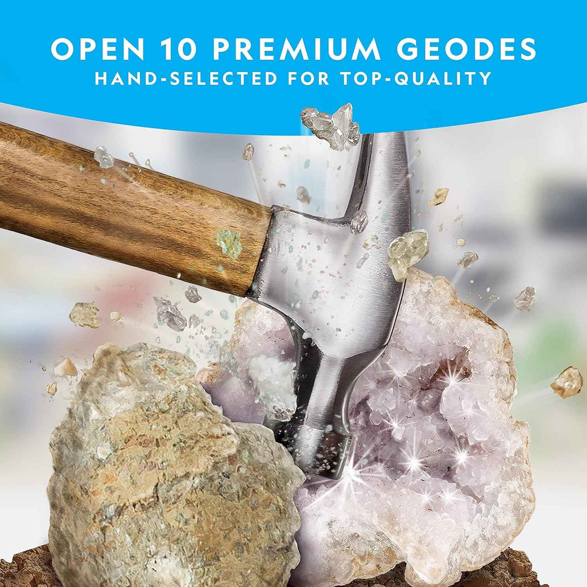 National Geographic Break Open 10 Premium Geodes – Includes Goggles & 2 Display Stands - Great STEM Science Kit, Geology Gift for Kids, Break Your Own Geodes with Crystals