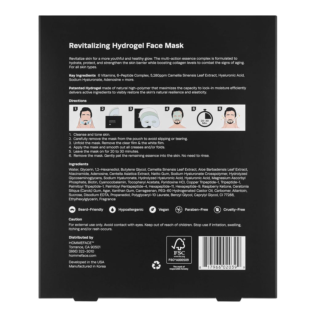 HommeFace men's 5ct hydrogel facial mask set with hyaluronic acid and peptides for hydrating and anti-aging skincare